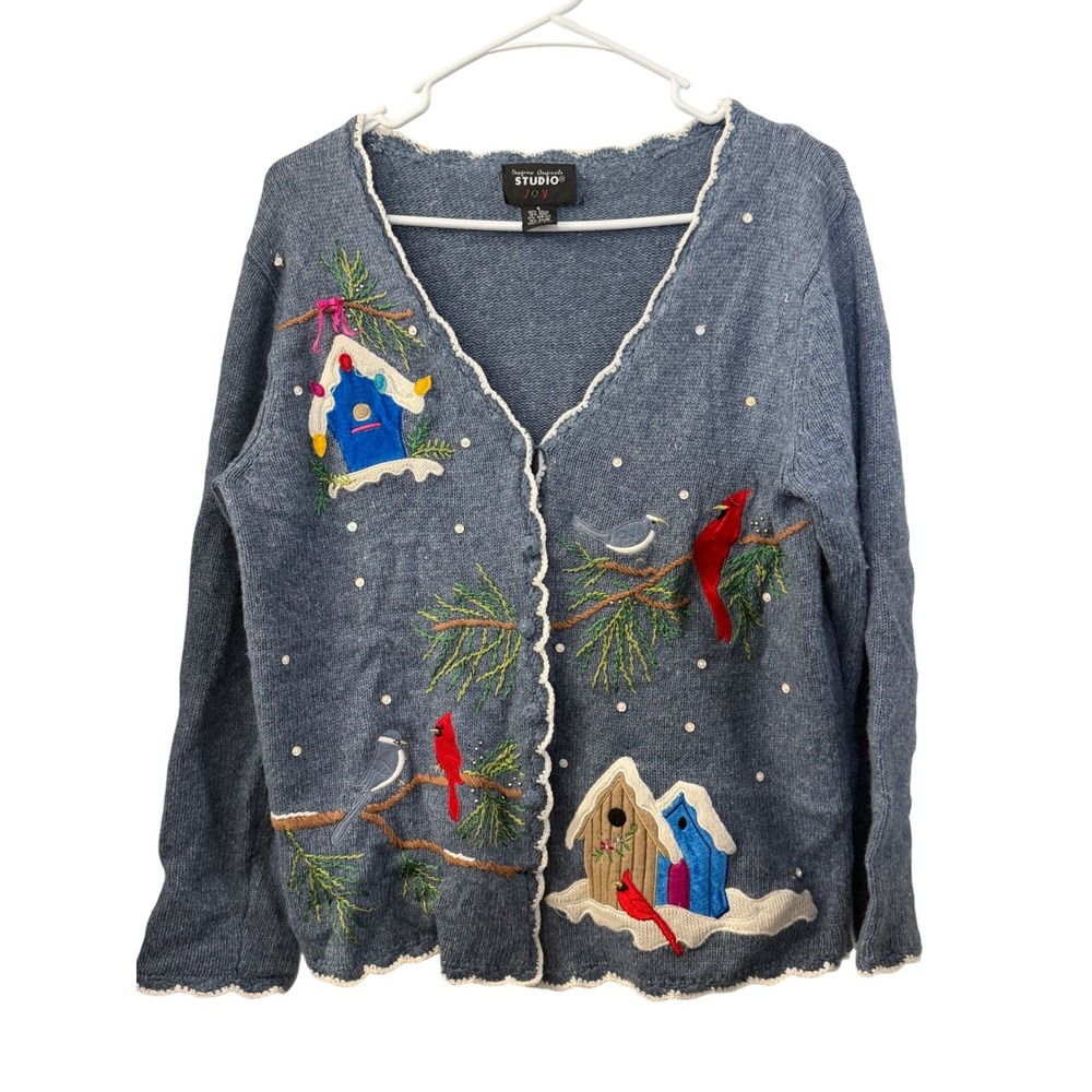 Studio Joy Blue Winter Cardinal Birdhouse Cardigan Sweater S Christmas Fesive